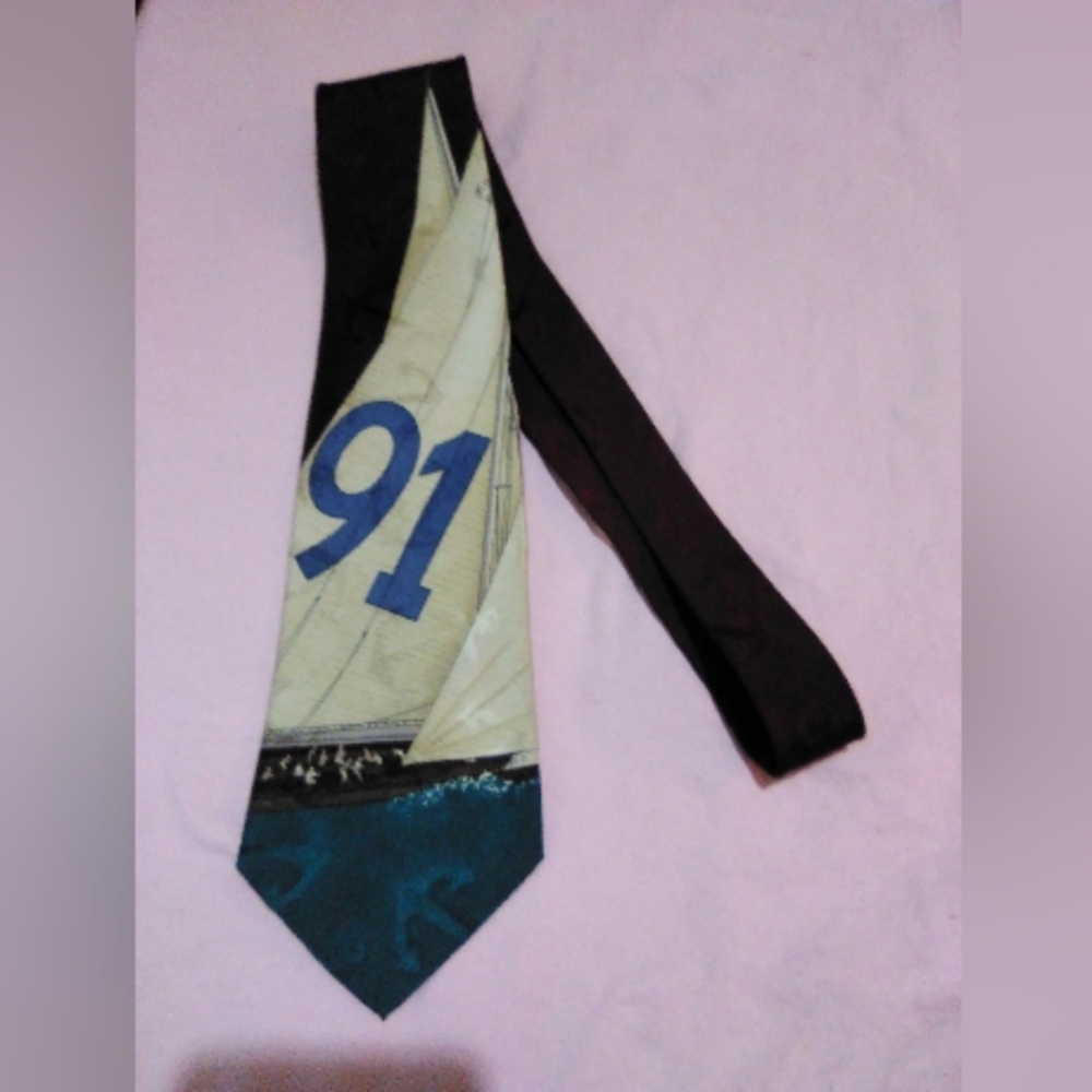 RALPH LAUREN- Nautical Graphic Sailboat Tie with Number 91 on Front.